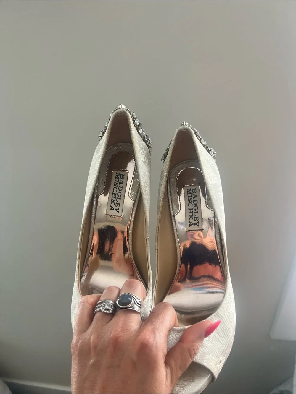 Badgley Mischka Ivory Brocade Jeweled Peep-Toe Pumps